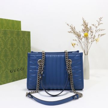 2022 New Women'S Small Shoulder Bag In Blue Quilted Leather Open Hook Double G GG Marmont— Gucci Tote Bag