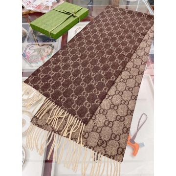 Best Quality GG Logo Pattern Jacquard Tassel Trimming - Replica Gucci 100% Cashmere Beige Long Shawl For Ladies