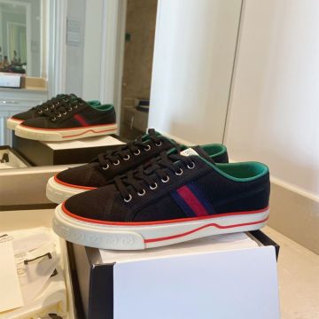 Athletic Style Gucci Tennis 1977  Classic Red/Blue Web Black Fabric Unisex Low Top Lace-Up Sneakers