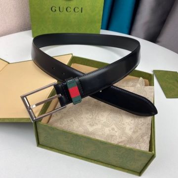 Low Price Gucci 4cm Black Leather Strap Red/Green Web Belt Loop Men Silver/Brass Square Buckle  Belt 495125 DT99T 1060