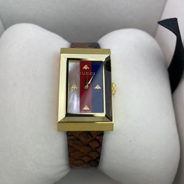 Best Quality Tri-color MOP Dial Yellow Gold Rectangle Case Brown Snake Leather Strap G-Frame-  Gucci Bee Timer 