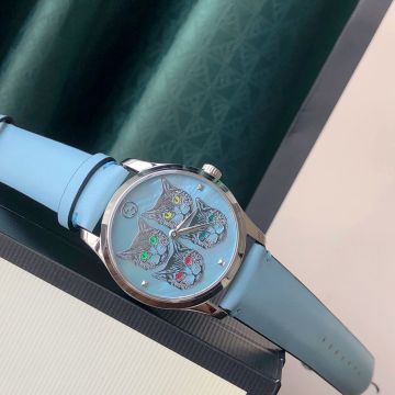 Top Sale G - Timeless Four Cats Printing Dial Studs Markers Blue Leather Strap -  Gucci Stainless Stell Case Female Watch 38MM