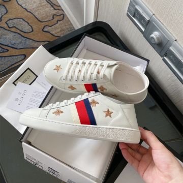 Classic Gucci Women's Ace White Leather Red/Cream/Blue Web Gold Bee & Star Embroidery Sneakers For Sale