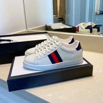 Unisex High Quality Gucci Ace Red/Blue Web Band Blue Patent Leather Back White Leather Low Top  Sneakers