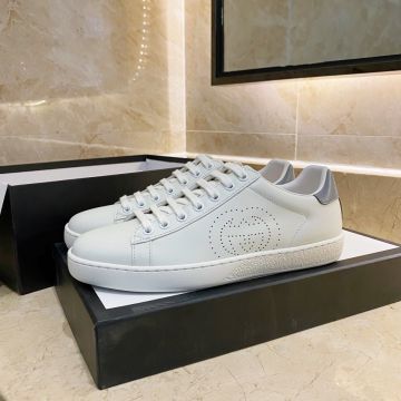 Replica Unisex Fashion Gucci Ace Grey Heels Interlocking GG Perforated Pattern White Leather Lace Up Sneakers  599147 AYO70 9094