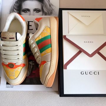 Hot Selling Silver Interlocking G Embroiders Vintage Web Band Yellow Canvas & White Leather Patchwork Screener - Fake Gucci Women'S Sneakers