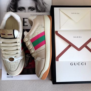 Low Price GG Logo Embroidery Fabric & White Leather Pink Green Web Detail -  Gucci Female Screener Sneakers