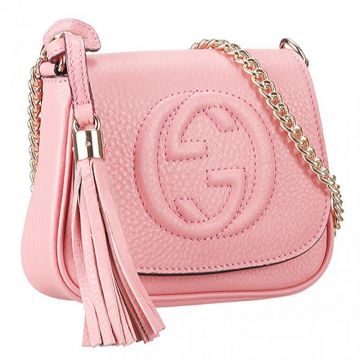 Top Style Gucci Soho Embossed interlocking G Leather Tassel Trim Ladies Mini Pink Fake Chain Bag 