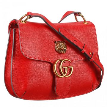 Gucci Marmont Brass Tiger-head & GG Logo Buckle Curved Base Female Red Leather Flap Saddle Bag 