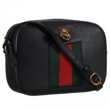 Gucci Marmont Yellow Brass Tiger Head Trimming Red-Green Web Band Black Leather Ladies Zipper Bag