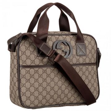 Gucci Guccissima Light Brown Briefcase Zipper Closure Hand Strap Double G Symbol Men Women 