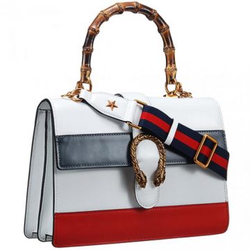 Knockoff Gucci Dionysus Bamboo Handle Bag White Blue Red Leather Tiger Head Buckle Flap Closure 448075 CWLMT 9090