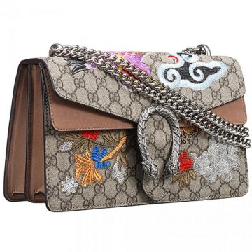 Gucci Bird & Flower Pattern Dionysus GG Supreme Canvas Womens  Flap Bag With Brown Suede Detail 403348 KWZRN 9904