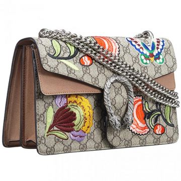 Chic Gucci Dionysus Silver Tiger Head Buckle Butterfly & Flowers Printing Ladies GG Supreme Canvas Chain Bag