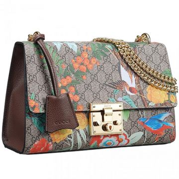 Gucci Tian Padlock Vintage Bird & Flower Motif  Polished Brass Straps Brown Leather-Canvas Womens Shoulder Bag