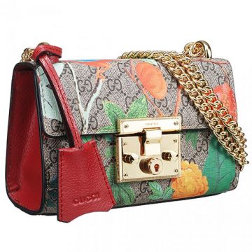 Gucci Tian Padlock Small Red Leather Detail Flower Embossed Ladies Canvas Chain Bag 