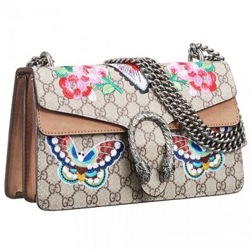 Retro Gucci Dionysus Flower & Butterfly Embroider Silver Chain Straps Ladies GG Supreme Canvas Shoulder Bag
