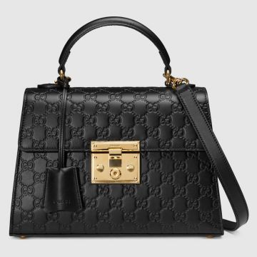 Spring Classic Style Gucci Padlock Gold-toned Hardware Black Signature Leather Ladies Small Tote Bag 453188 CWC1G 1000