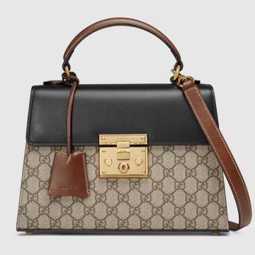 Most Fashion Women's Gucci Padlock Small GG Supreme Black Leather Flap Handbag Price USA 453188 KLQJG 9785