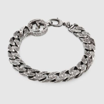 Men's Gucci Most Classic Interlocking G Detail Intricate Engraved Pattern Clasp Closure Aged Sterling Silver Thick Chain Bracelet 454285 J8400 0811