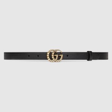 Replicated Gucci Pearl Double G Buckle Black Leather Belt For Women 476342 AP0WT 8681/453260 DLX1T 9094/453261 DLX1T 9094