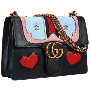 Women's Gucci GG Marmont Web Red Heart Design Brass Logo Buckle Multicolor Patchwork Chain Bag Black