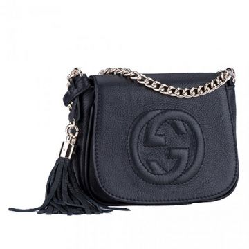 Classic Gucci Mini Soho Womens Fashion Tassel Trimming Flip-cover Flap Black Cowhide Leather Disco Bag 