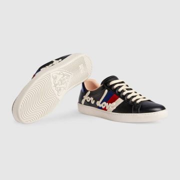 Retro New Style Gucci Ace Embroidered Blind For Love Sylvie Web Rubber Sole Black Leather Sneaker tion Sale UK 497276 DOPE0 1060