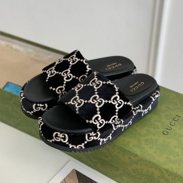 High End Gucci Original White Interlocking G Pattern Platform Rubber Sole Classic Black Suede Fabric Slide Sandal For Ladies