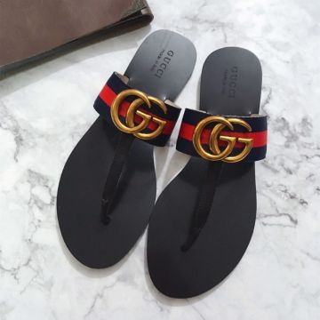 Top Sale Blue Red Web Canvas Design Yellow Gold Plated GG Detail - Fake Gucci Thong Sandals Lady Flip Flops