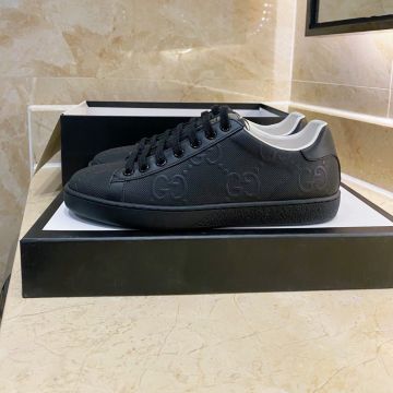 Best Quality Gucci Ace GG Logo Pattern Black Perforated Leather Unisex Lace Up Low Top Leisure Trainers  ‎625787 1XK10 1000