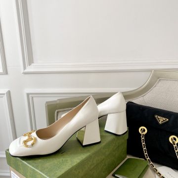 Best Selling Shiny Yellow Gold Horsebit Hardware 75mm Sculpted Block Heel Height - Replica Gucci Ladies Square Toe Pumps