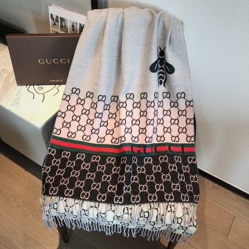 New Gucci Red-Green Web Stripe Large Bee Pattern GG Printing Motif Grey / Pink / Black Tricolor Patchwork Long Tassel Wool Scarf