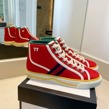2022 Cheapest Gucci Tennis 1977 Classic Web High Top Lace UP Red Fabric Flat Sneakers For Men & Women Replica