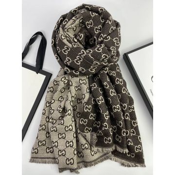 Chic Style Large Double G Jacquard Pattern Tassel Trimming Wool Scarf - Imitation Gucci Tan & Beige Bicolor Base Female Shawl