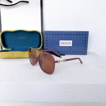  Gucci Nude Pink Thin Frame Gold Horsebit Embellished Plastic Temples Brown Resin Lens Sunglasses For Female 