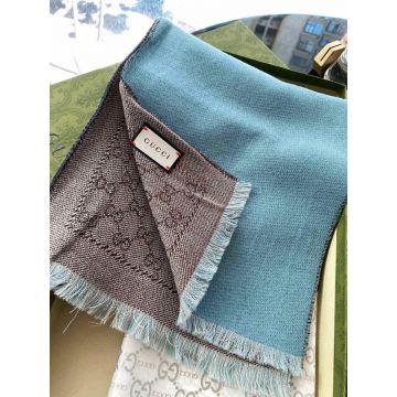 Low Price Gucci Front Beige GG Jacquard Back Peacock Blue Pure Color Tassel Trim Women's Wool Long Shawl