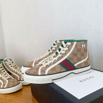 Spring Fashion Gucci Beige/Ebony Canvas Double G Pattern Men High Top Tennis 1977 Casual Sneakers 625807 HVK70 9765
