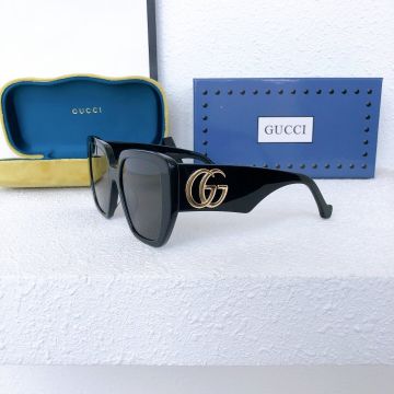 Latest Black Acetate Frame Goden Double G Logo Wide Temples Grey Lens-  Gucci Male Rectangular-frame Sunglasses 663746 J0740 1012