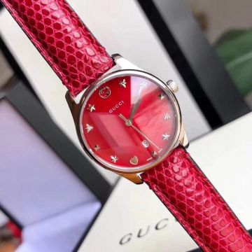 Low Price G-timeless Bee Start Scales SS Smooth Bezel Red Dial & lizard Leather Strap - Replica Gucci Female Quartz Watch