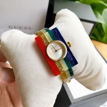 Gucci Vintage YA143520 Golden Bee / Crystals/Studs Rectangle Case White MOP Unscales Dial  Lady Multicolor Web Plexiglas Watch Bangle