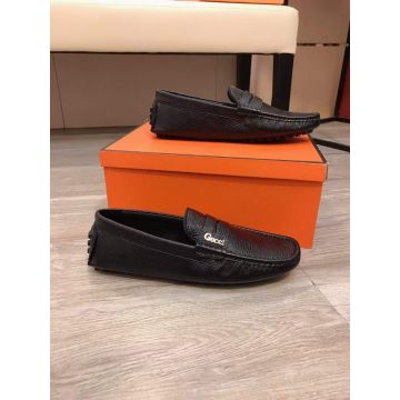 Gucci High End Yellow Gold Metal Stud Soft Sole Men Black Grainy Leather Loafers Fashion Driving Shoes Online 