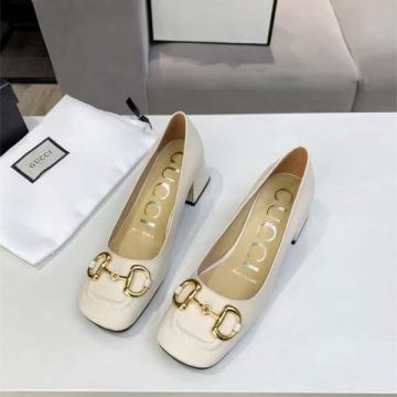 Hot Selling Gucci Jordaan Yellow Gold Horsebite Stud Square Toe Women High Heels Mid-heel Pump Replica