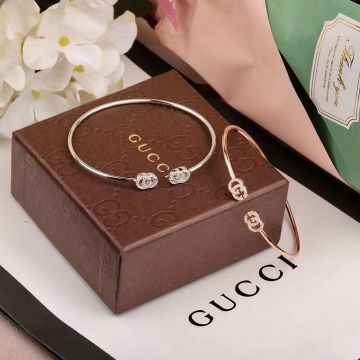 Gucci Double G Studded Crystals Narrow Popular Cuff Bangle For Ladies Party Style White/Rose Gold-plated 481662J85409066