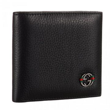 Hot Sale Gucci Black Leather Two-fold Cardholder Interlocking G Metal Hardware Modern Price List