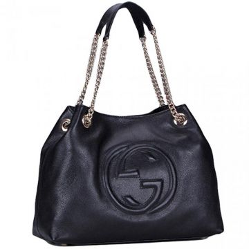 High Quality Gucci Soho Double Chain Arm-carry Strap Interlocking Logo Embossed Black Leather Shoulder Bag