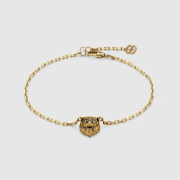 New Style Gucci Le Marche Des Merveilles Yellow Gold Feline Head Black Onyx Pendant Women Diamond Chain Bracelet 502852 J85L0 8093