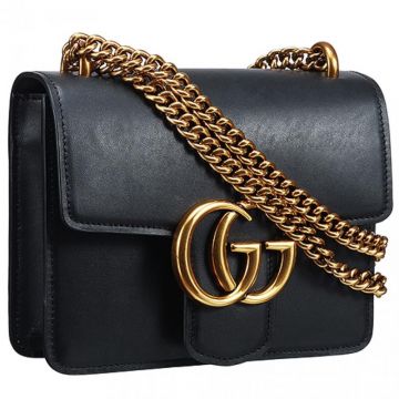 Small Gucci GG Marmont Yellow Brass Shoulder Strap Double G Hardware Black Leather Ladies Flap Bag