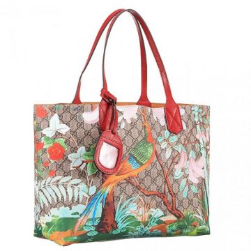 Gucci Fashion GG Supreme Red Leather Top Handles Bird & Flower Print Womens Canvas Tote Medium 412096 K0L2N 8691