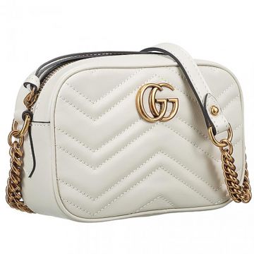 2018 Latest Gucci Marmont Matelasse Brass GG Logo Top Zipper Ladies White Leather Quilted Handbag Replica 448065 DTD1T 9022